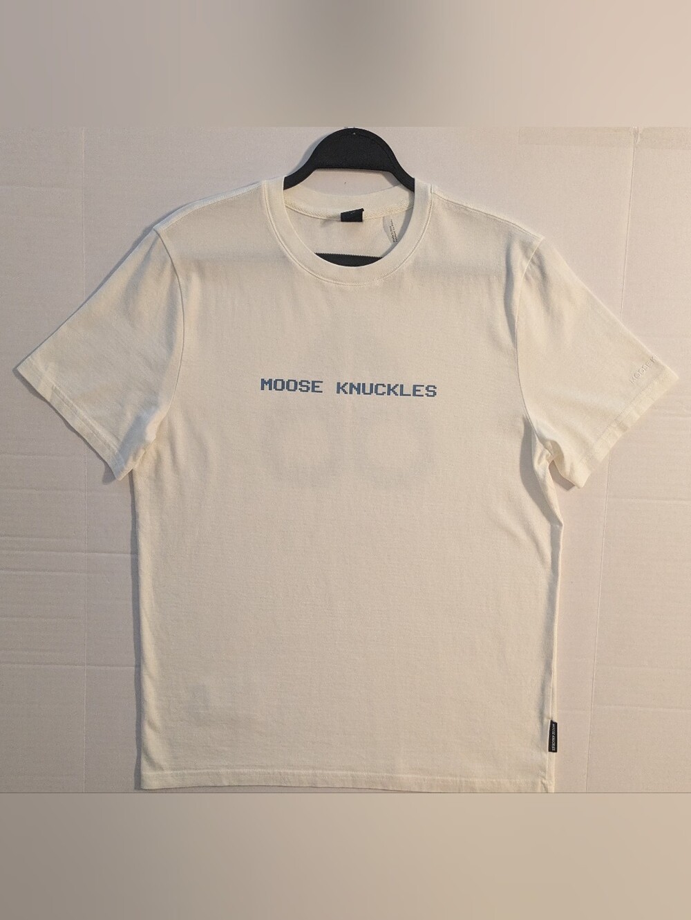 Moose Knuckles Cream T-Shirt with Light Blue Logo- Sm (NWOT)